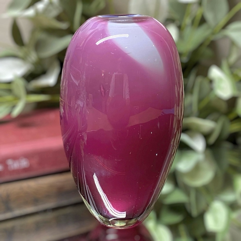 Drew Smith Art Glass Vase Signed Hand Blown 5” Tall Polished Pontil Vintage Pink